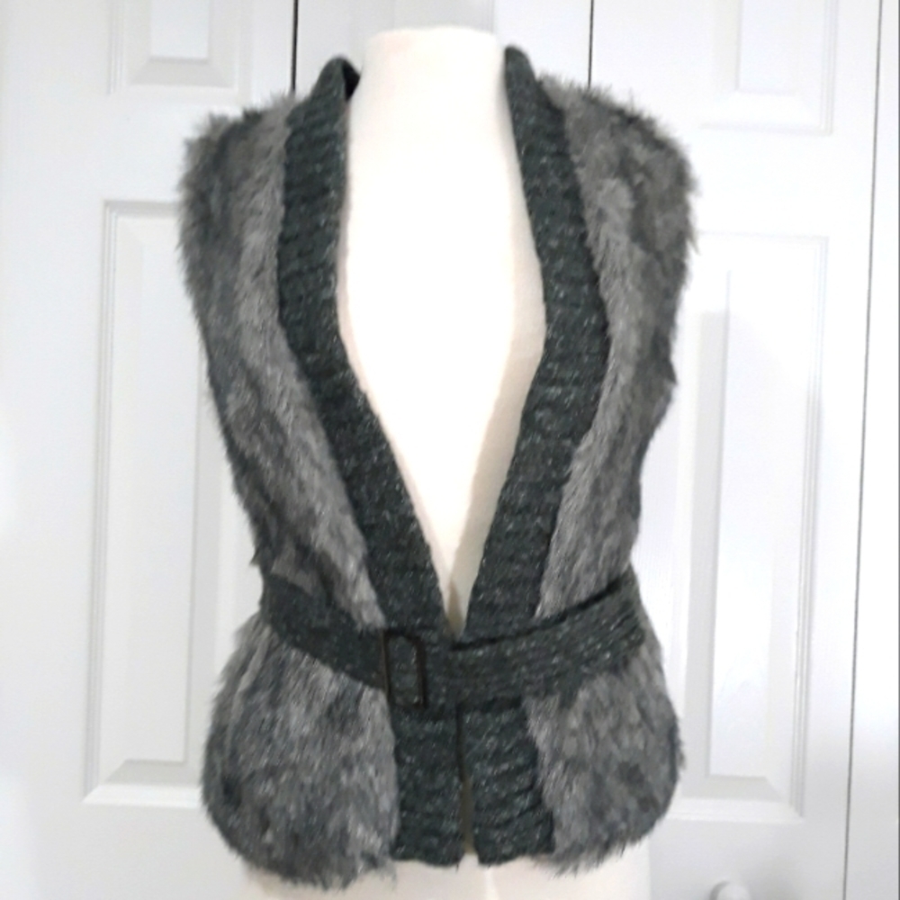 Romeo & Juliet Couture Fur Gray Green Belted Lined Vest Size Medium